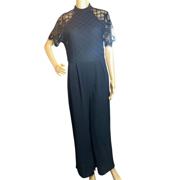 Womens Lattice Lace Wide Leg Jumpsuit Size M Black Money Mob Wife - Picture 1 of 15